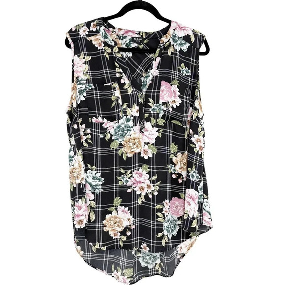 Torrid Black Plaid & Floral Sleeveless Semi Sheer Harper Blouse Plus Size 1X - Picture 1 of 8